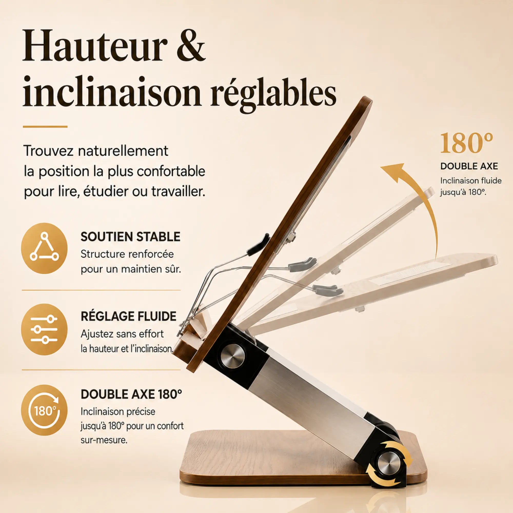 Chevalet de lecture réglable avec support métallique