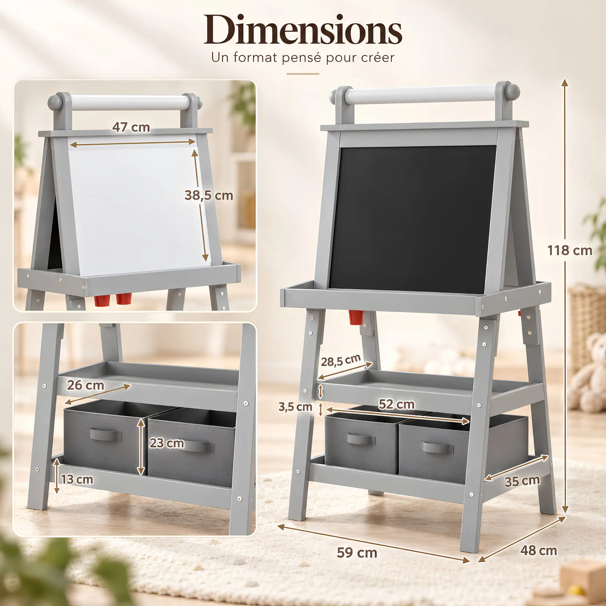 Chevalet pour enfant 3-en-1 avec rangement