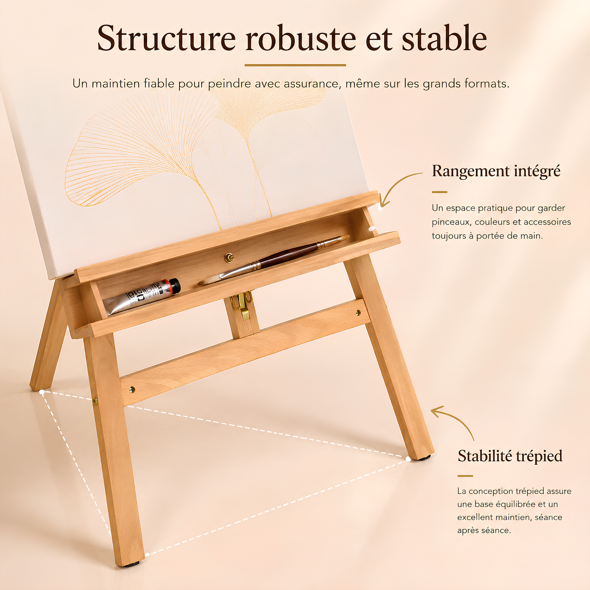 Chevalet de peinture en bois pliable avec rangement