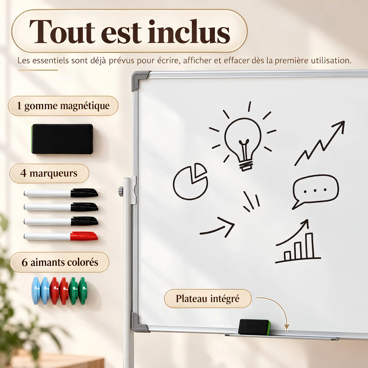 Grand chevalet tableau blanc de présentation mobile double face 