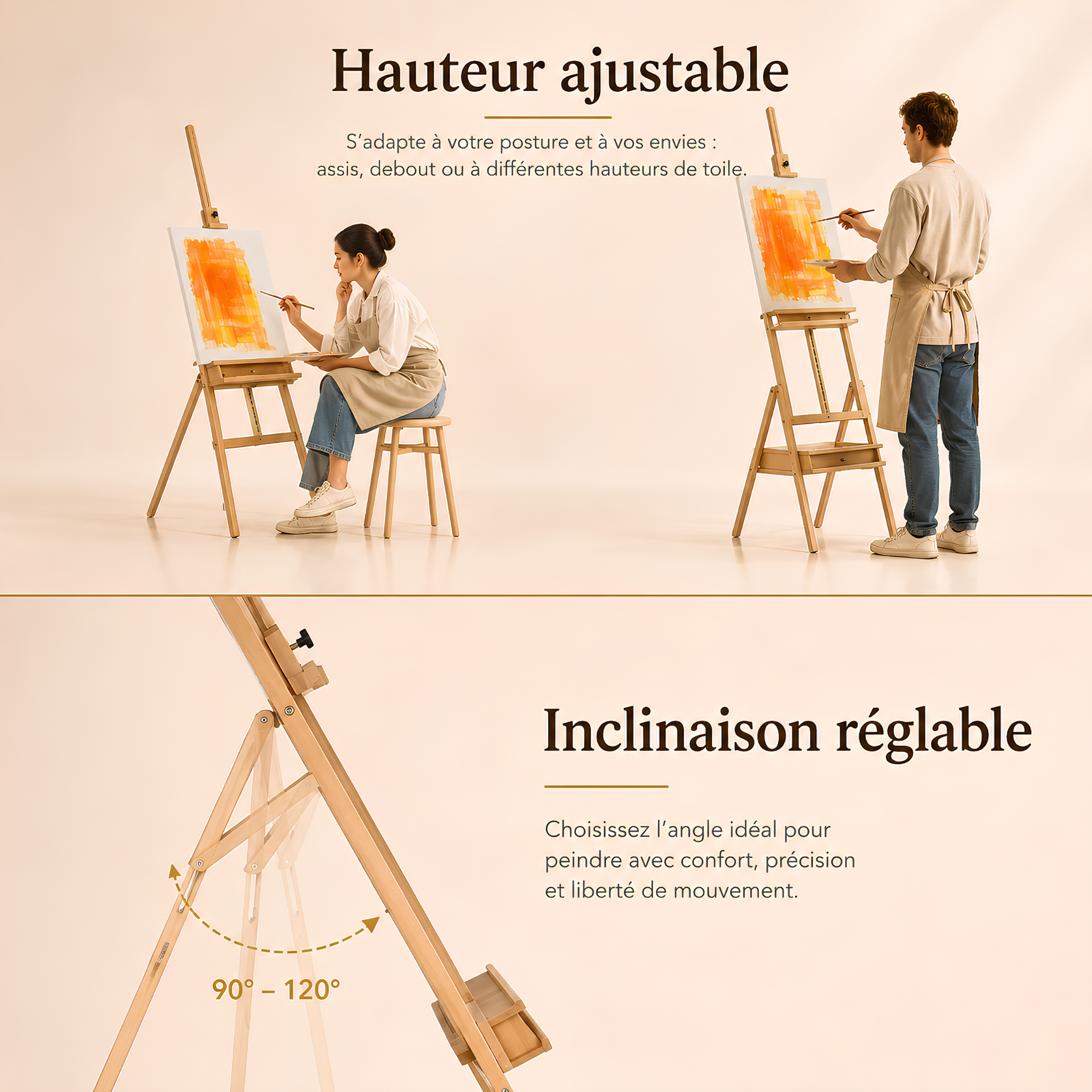 Chevalet de peinture en bois pliable avec rangement