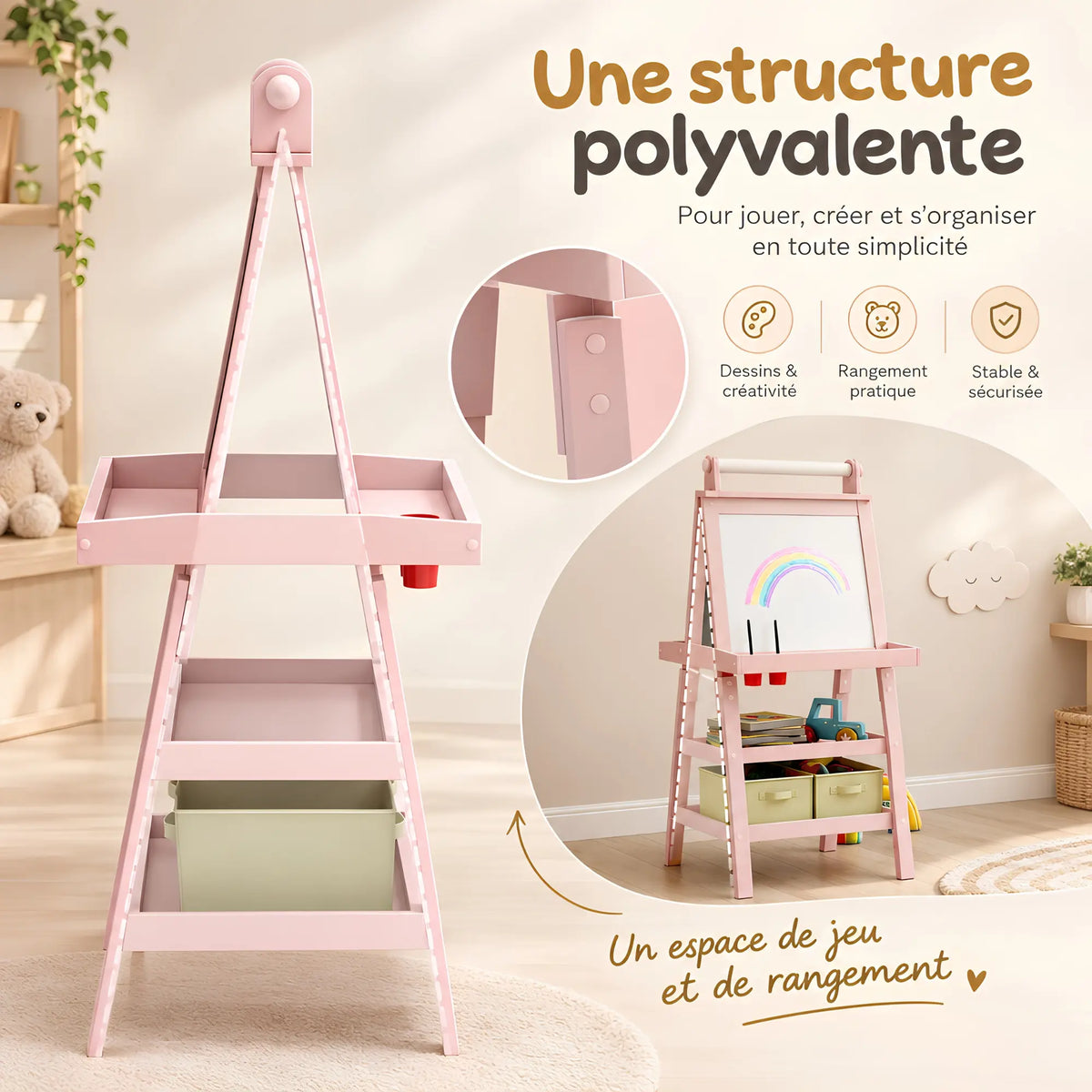 Chevalet pour enfant 3-en-1 avec rangement