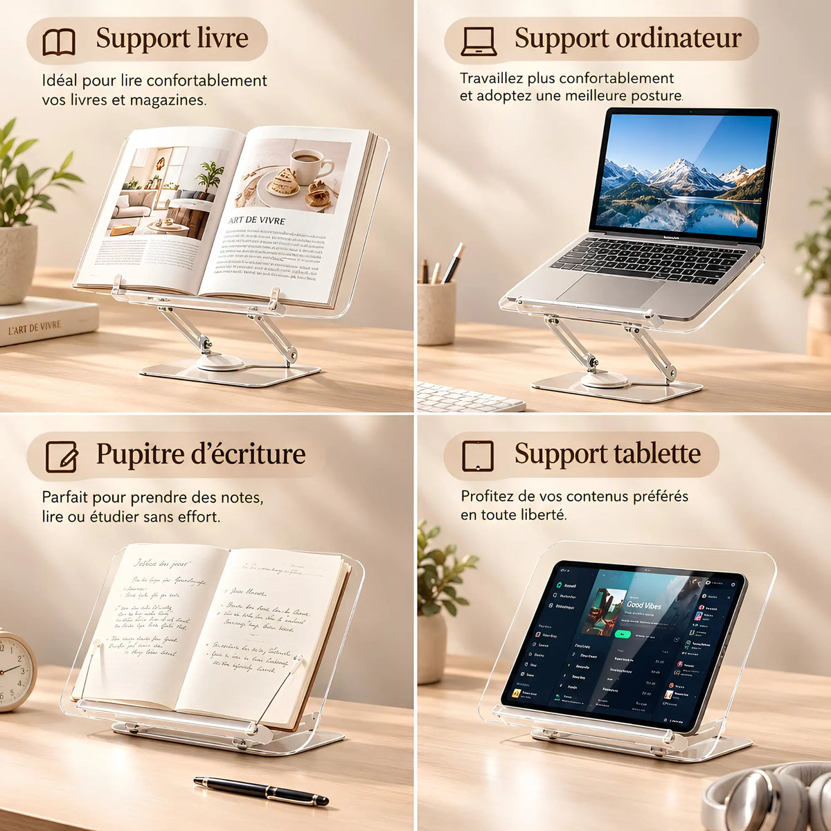 Chevalet de lecture transparent rotatif à 360°