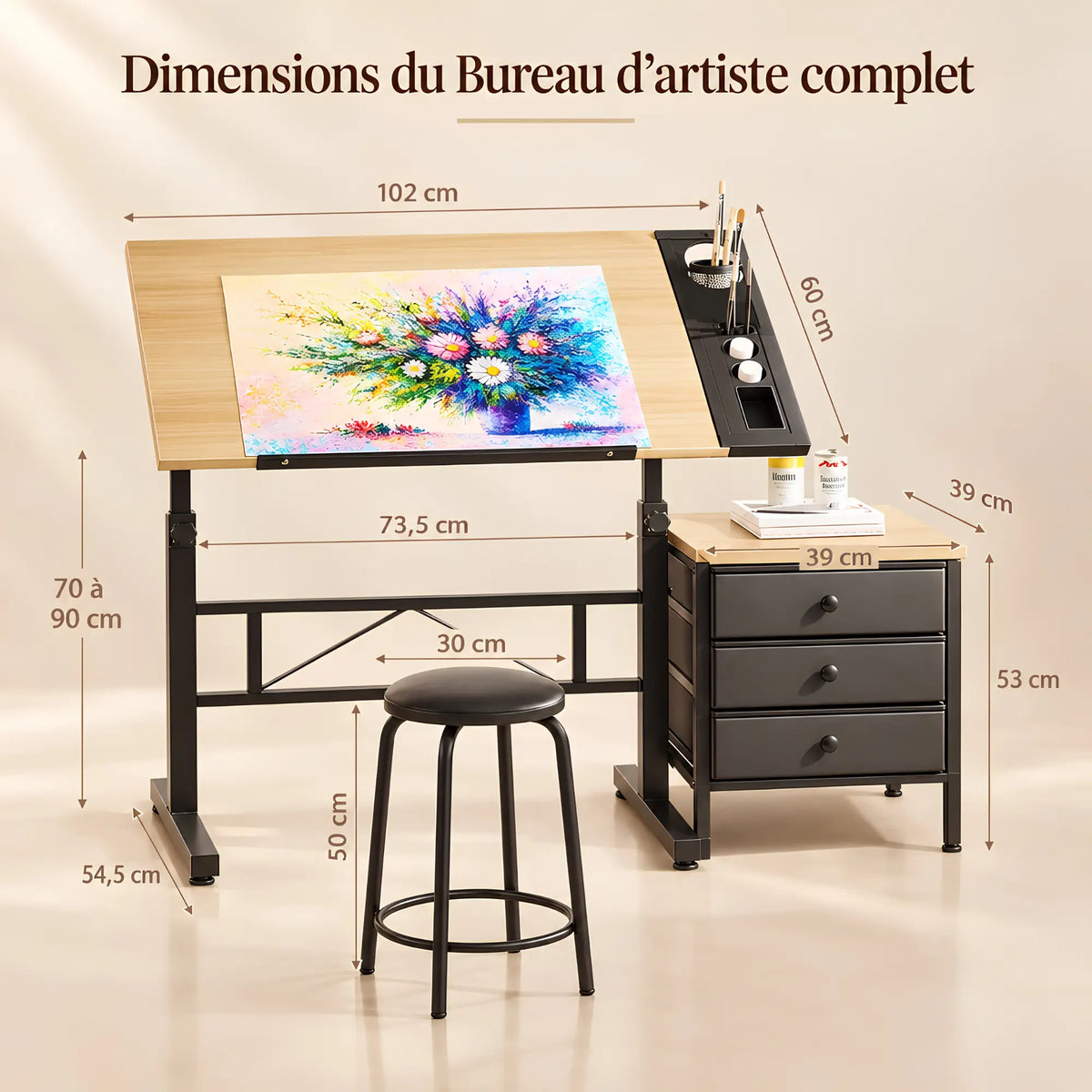 Bureau d’artiste inclinable complet avec tabouret et rangement 