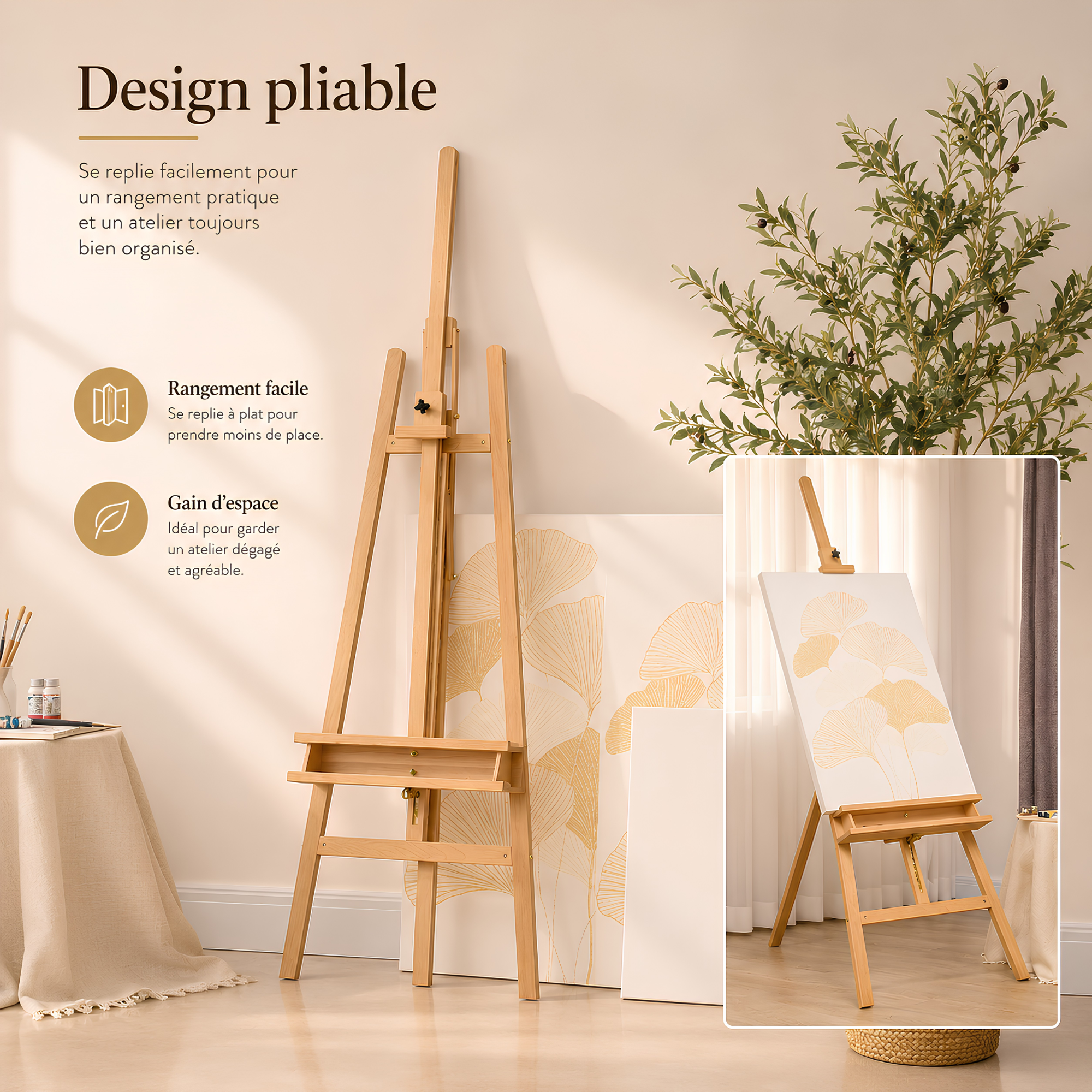 Chevalet de peinture en bois pliable avec rangement
