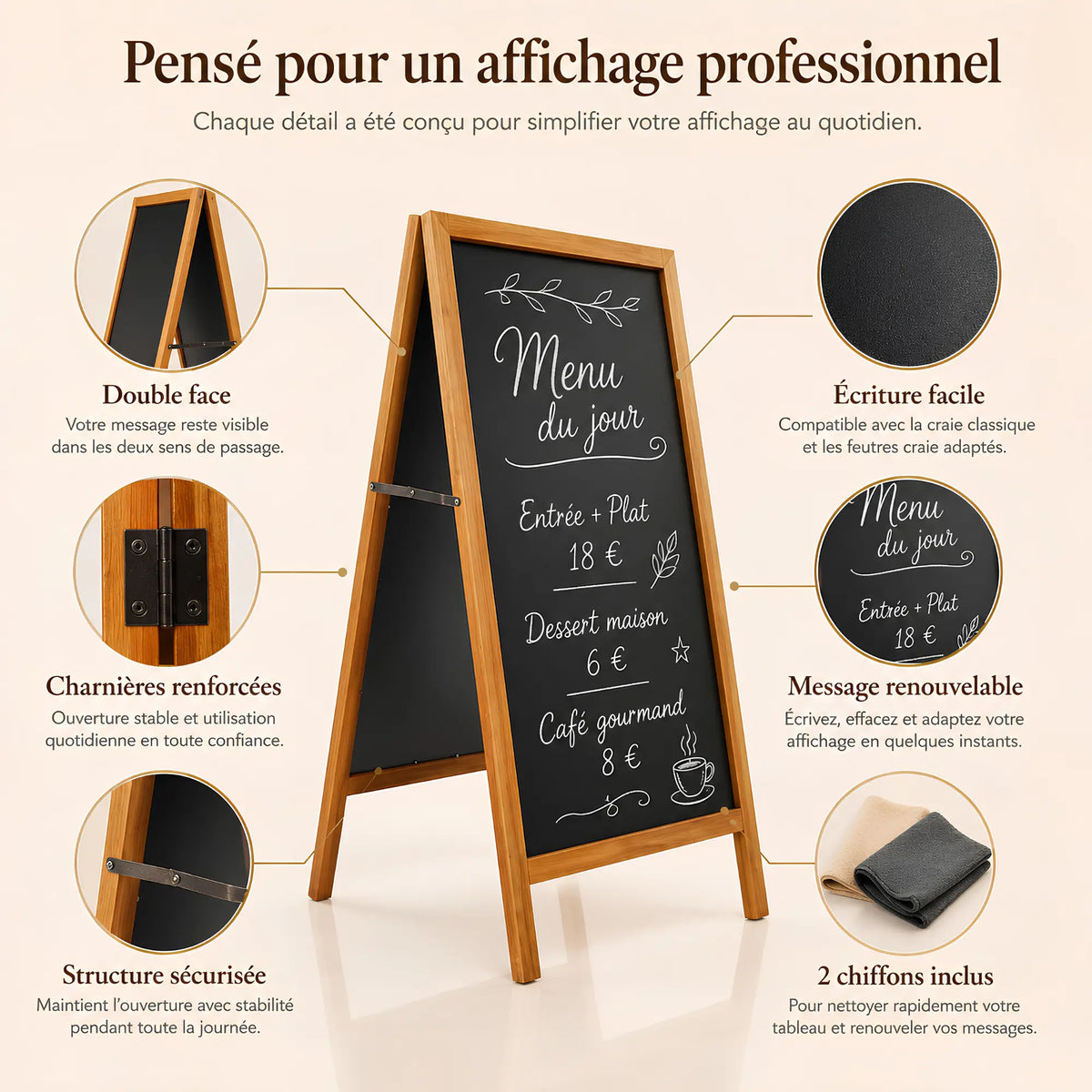Chevalet trottoir tableau noir en bois 