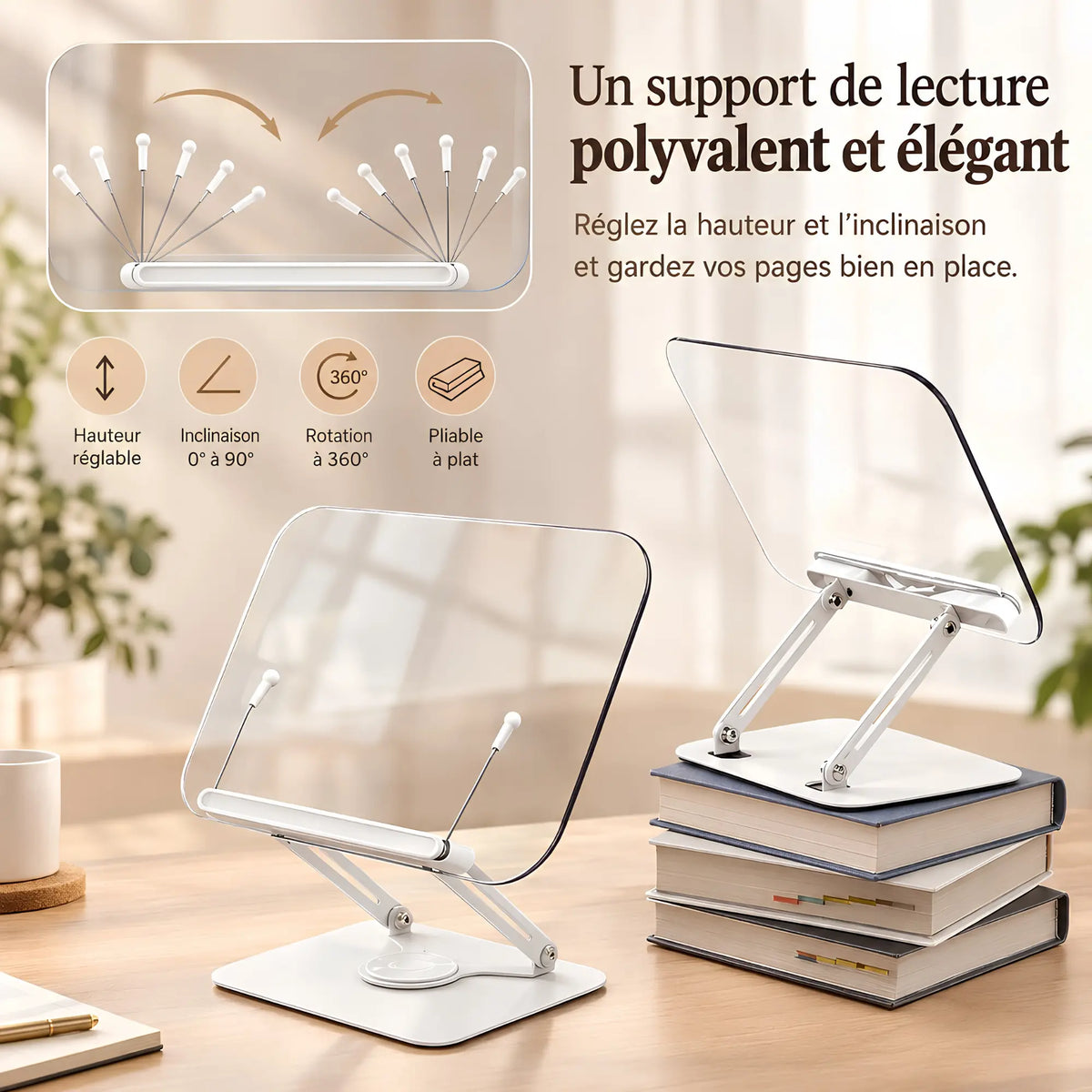 Chevalet de lecture transparent rotatif à 360°
