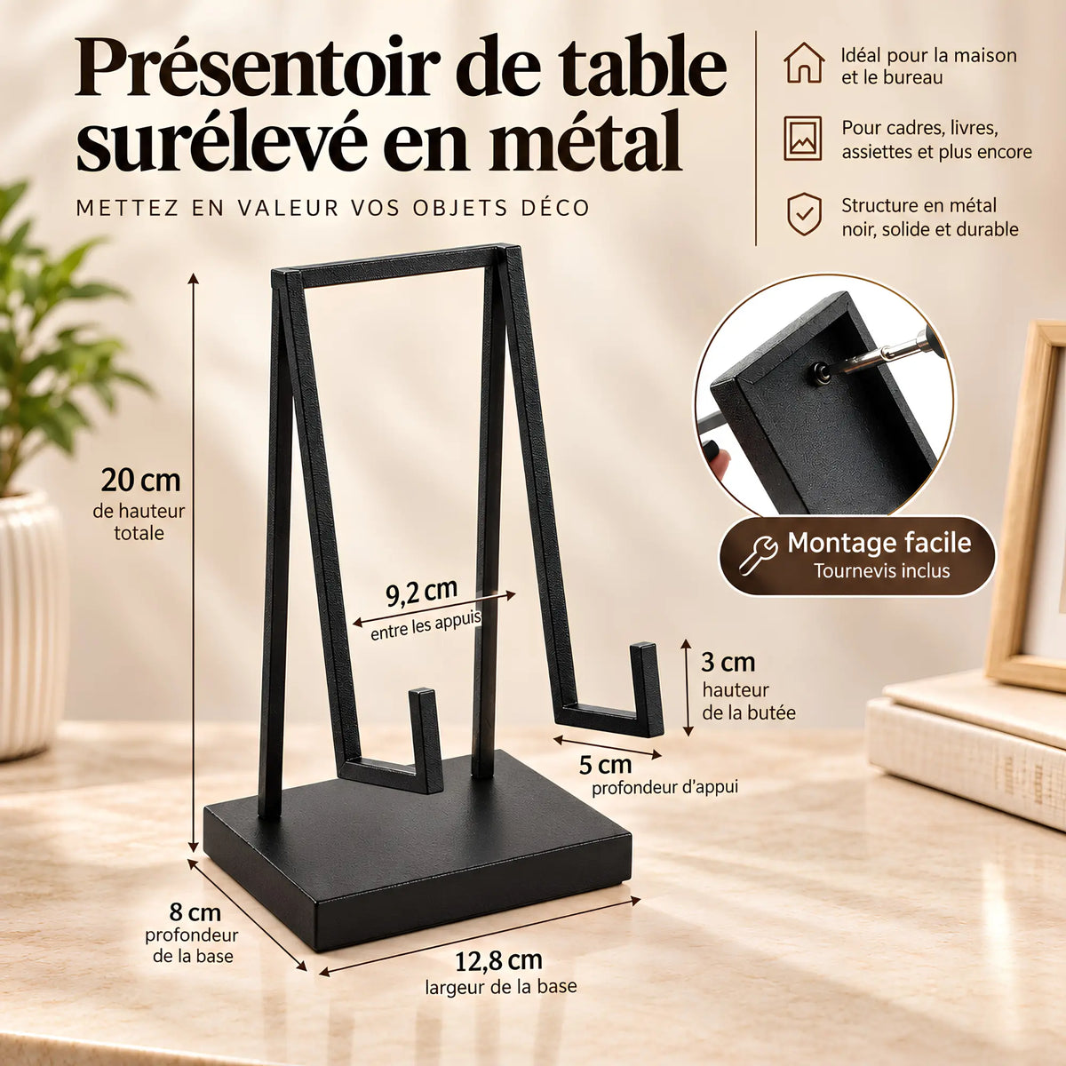 Chevalet d’exposition de table surélevé en métal
