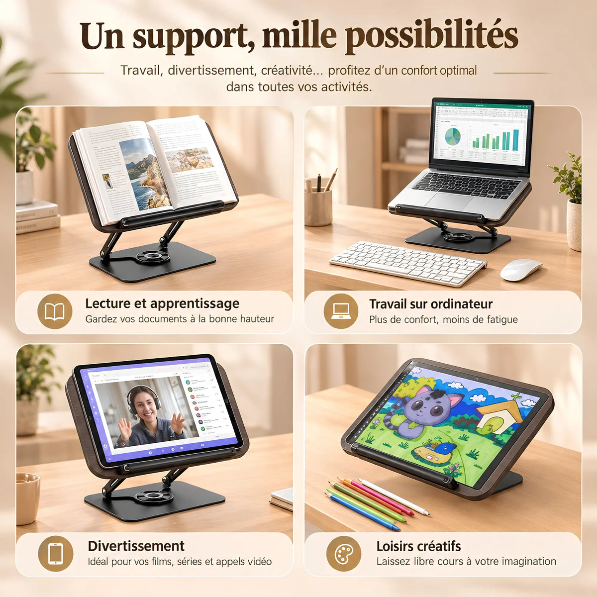 Chevalet de lecture en bois et métal avec base rotative