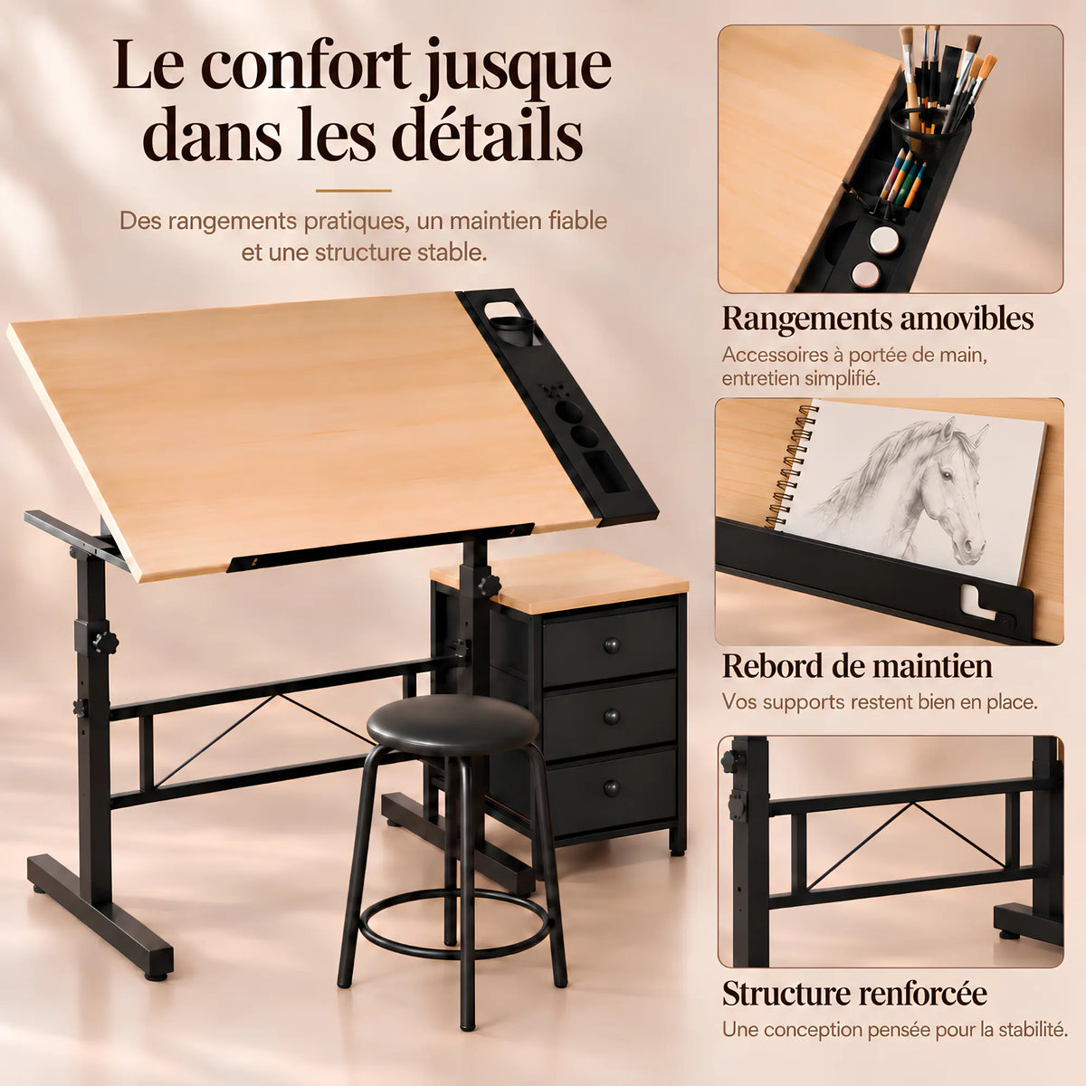 Bureau d’artiste inclinable complet avec tabouret et rangement 