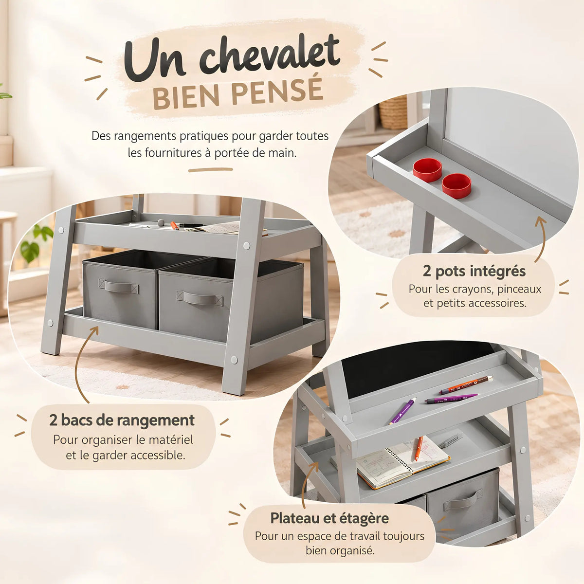 Chevalet pour enfant 3-en-1 avec rangement