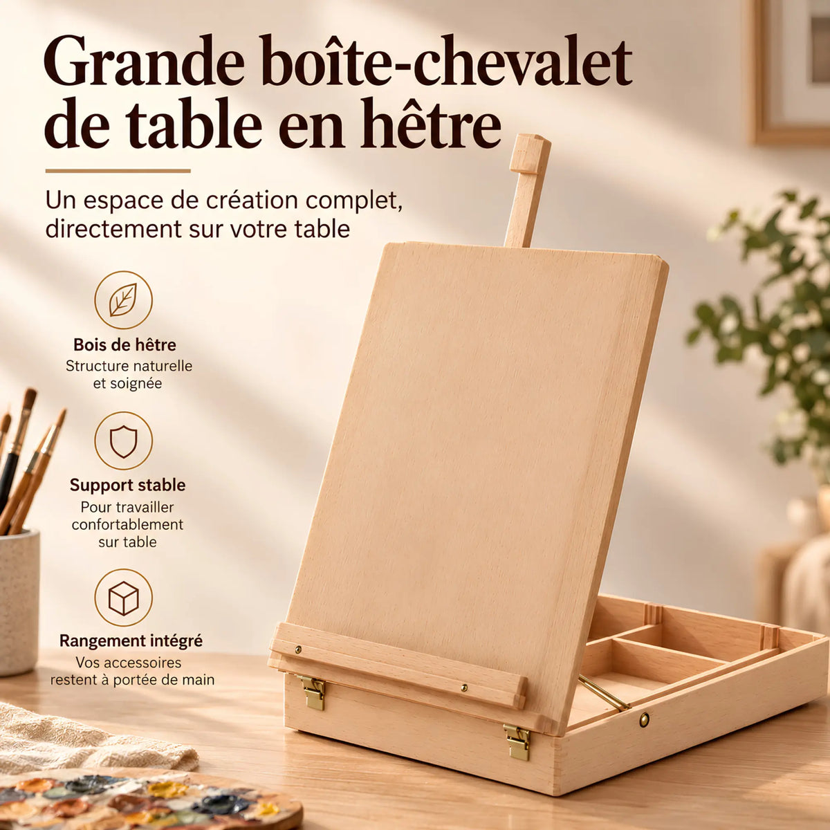 Grande boîte-chevalet de table en hêtre