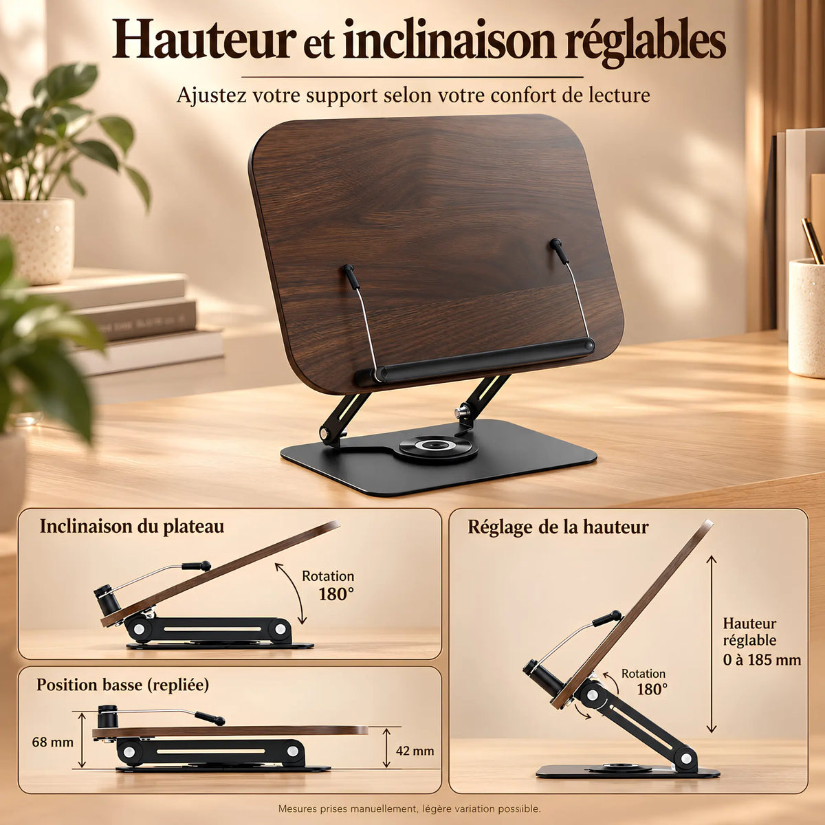Chevalet de lecture en bois et métal avec base rotative