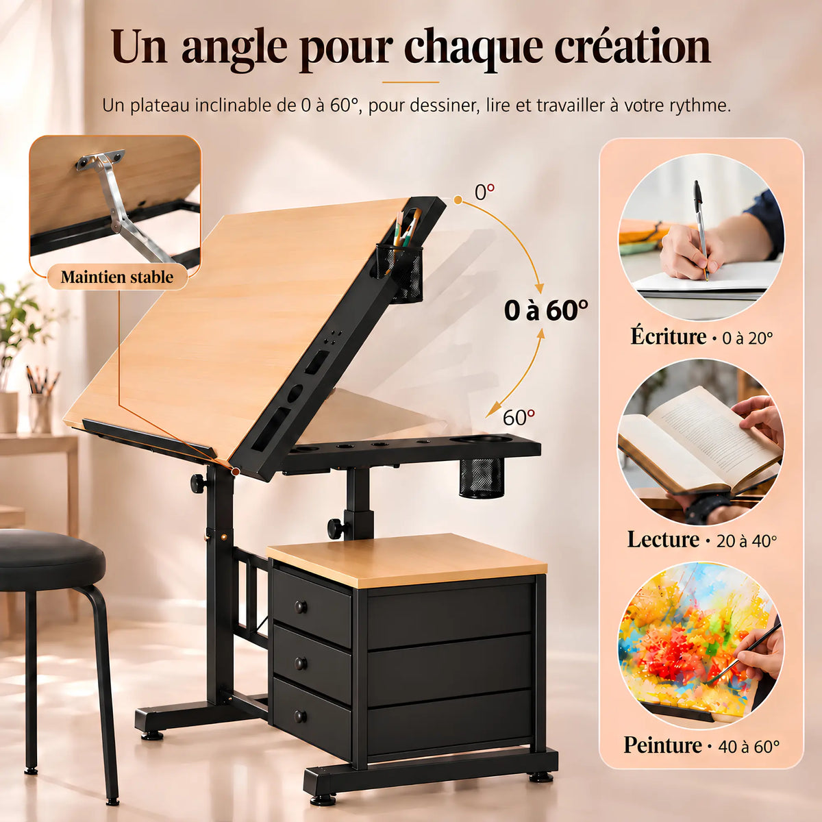 Bureau d’artiste inclinable complet avec tabouret et rangement 