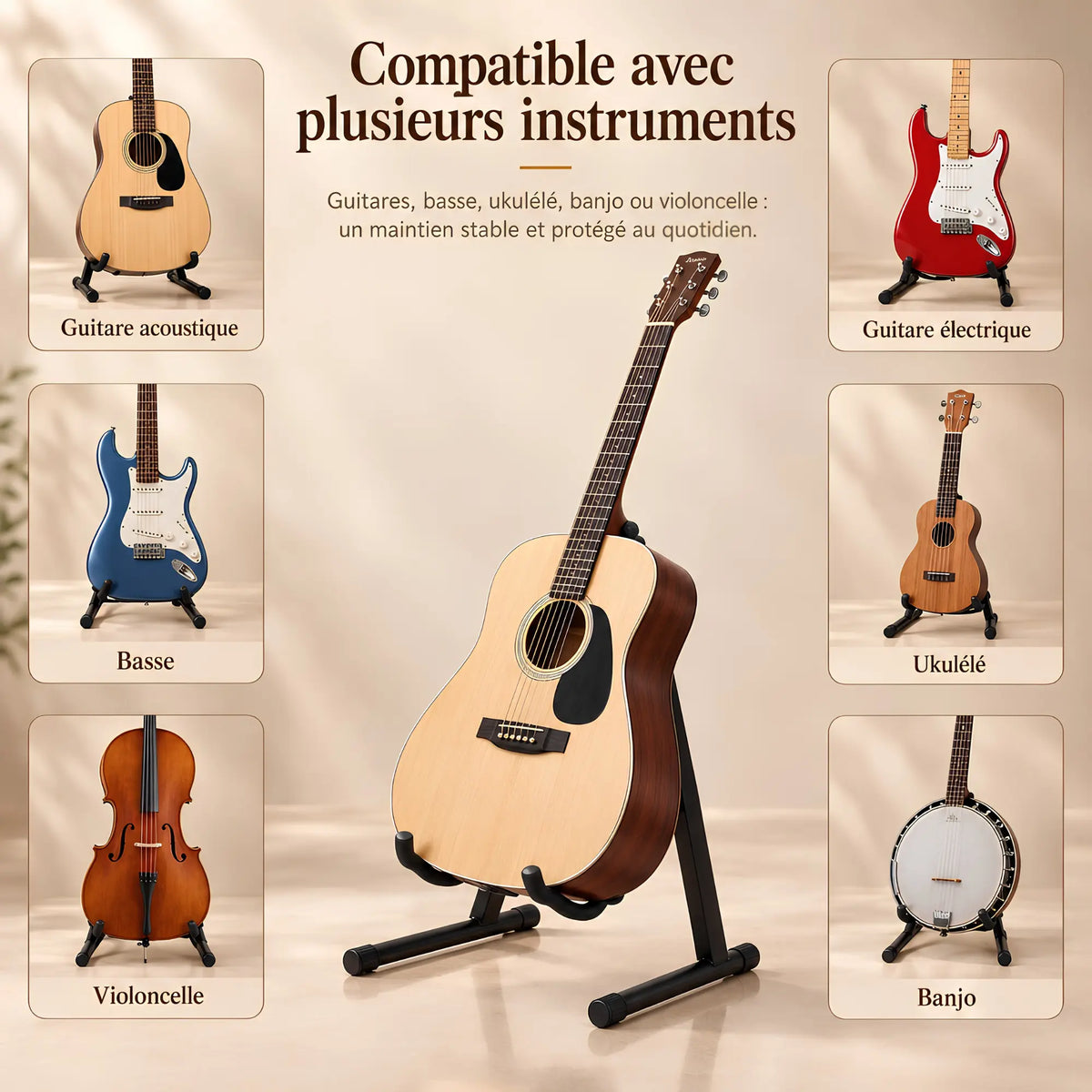 Support de guitare pliable en métal