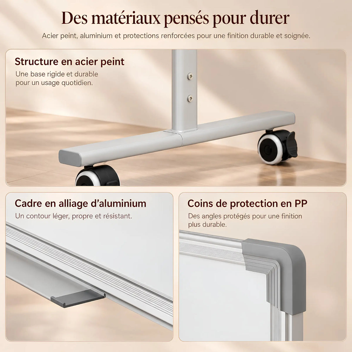 Grand chevalet tableau blanc de présentation mobile double face 