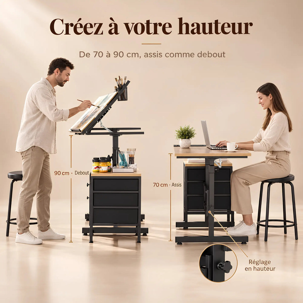 Bureau d’artiste inclinable complet avec tabouret et rangement 