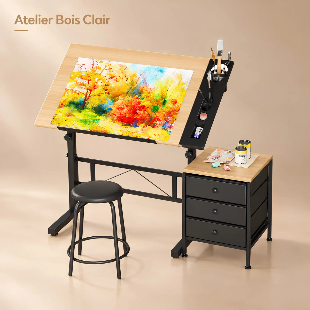 Bureau d’artiste inclinable complet avec tabouret et rangement 