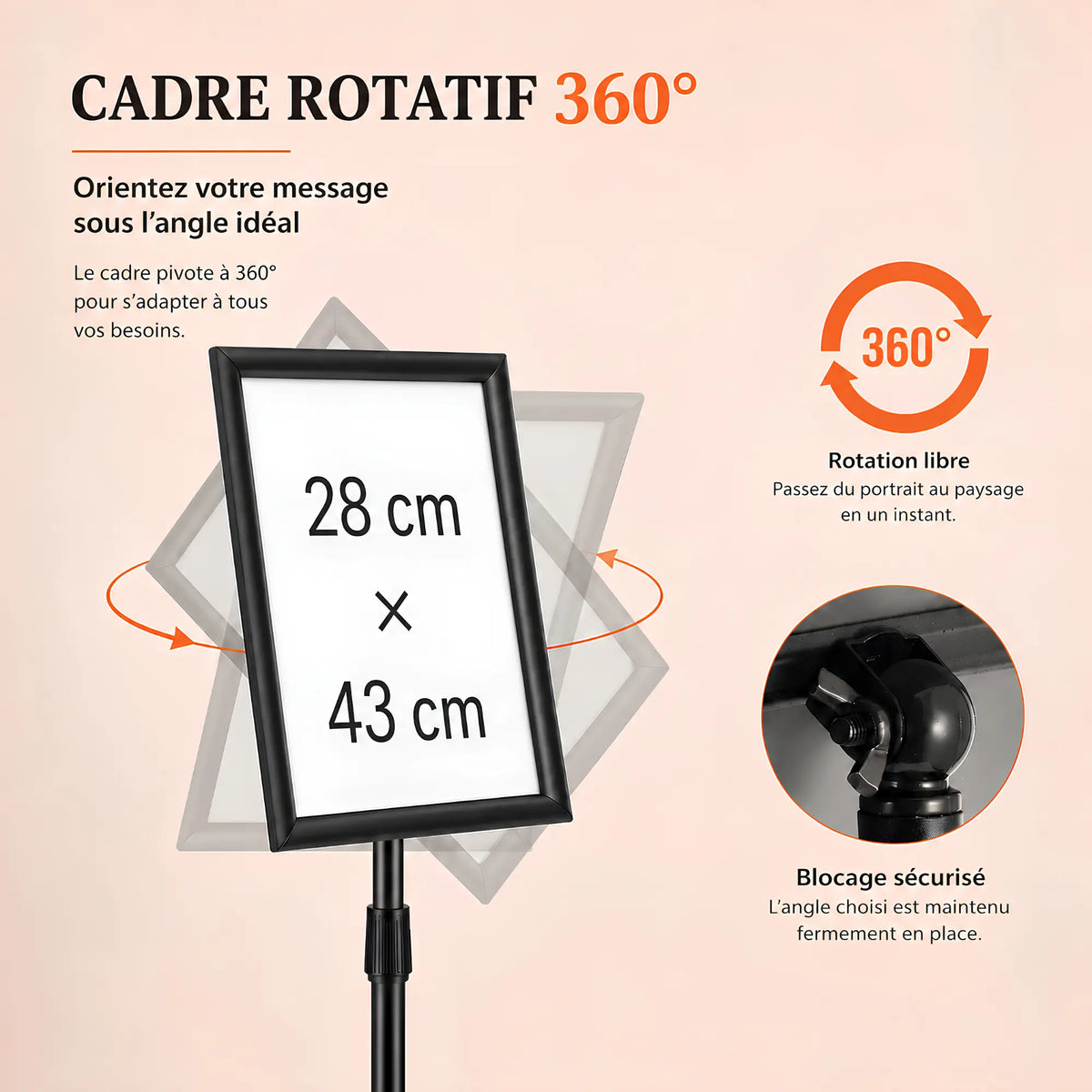 Chevalet présentoir sur pied rotatif à 360° et hauteur réglable
