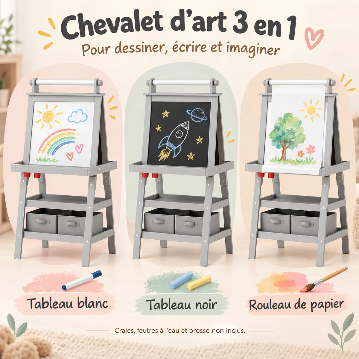 Chevalet pour enfant 3-en-1 avec rangement