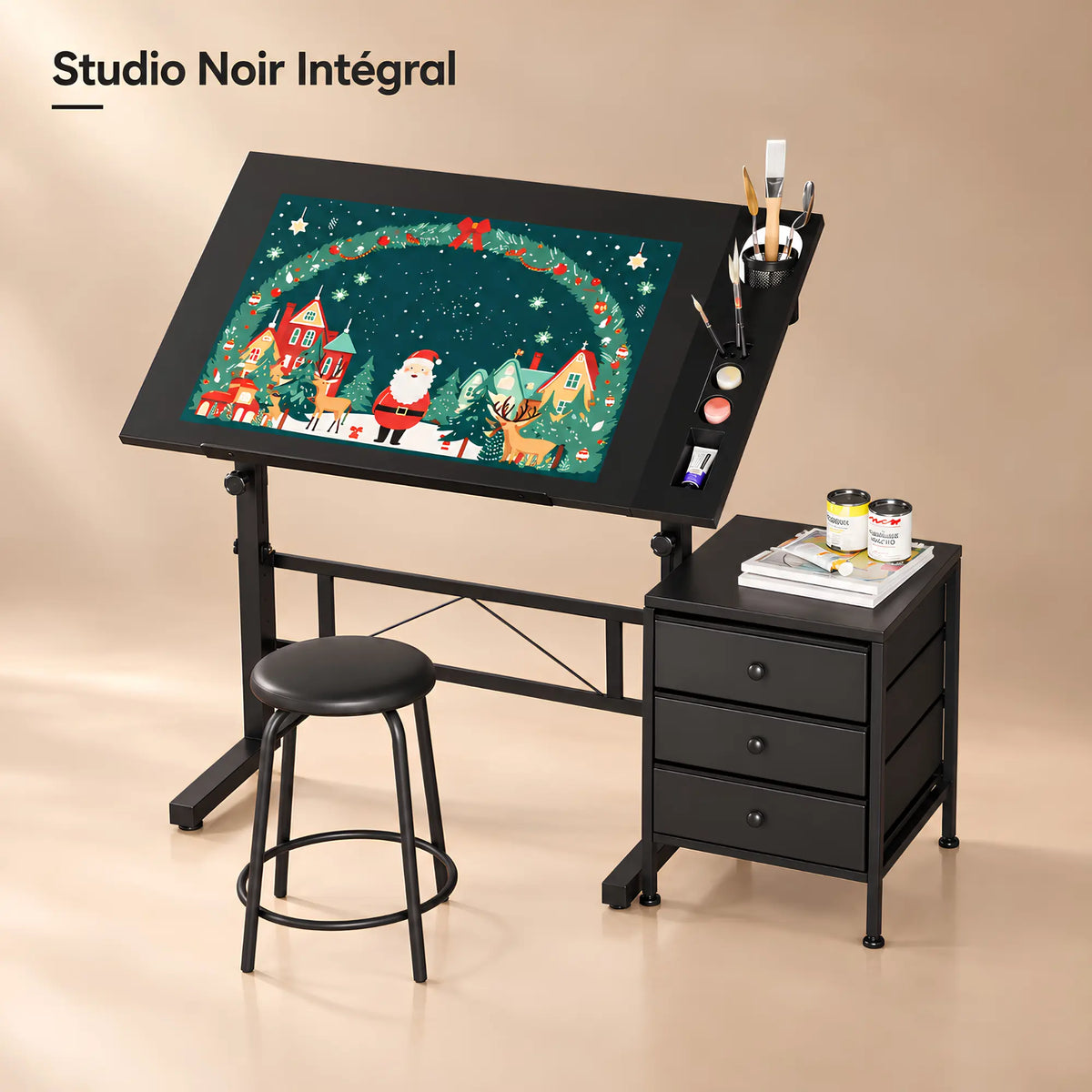 Bureau d’artiste inclinable complet avec tabouret et rangement 