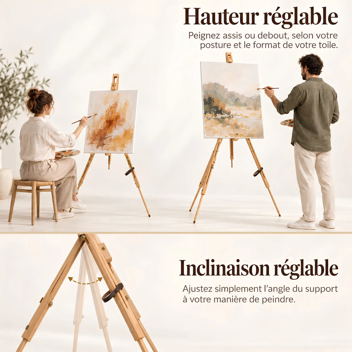 Chevalet trépied en bois pour peinture et exposition