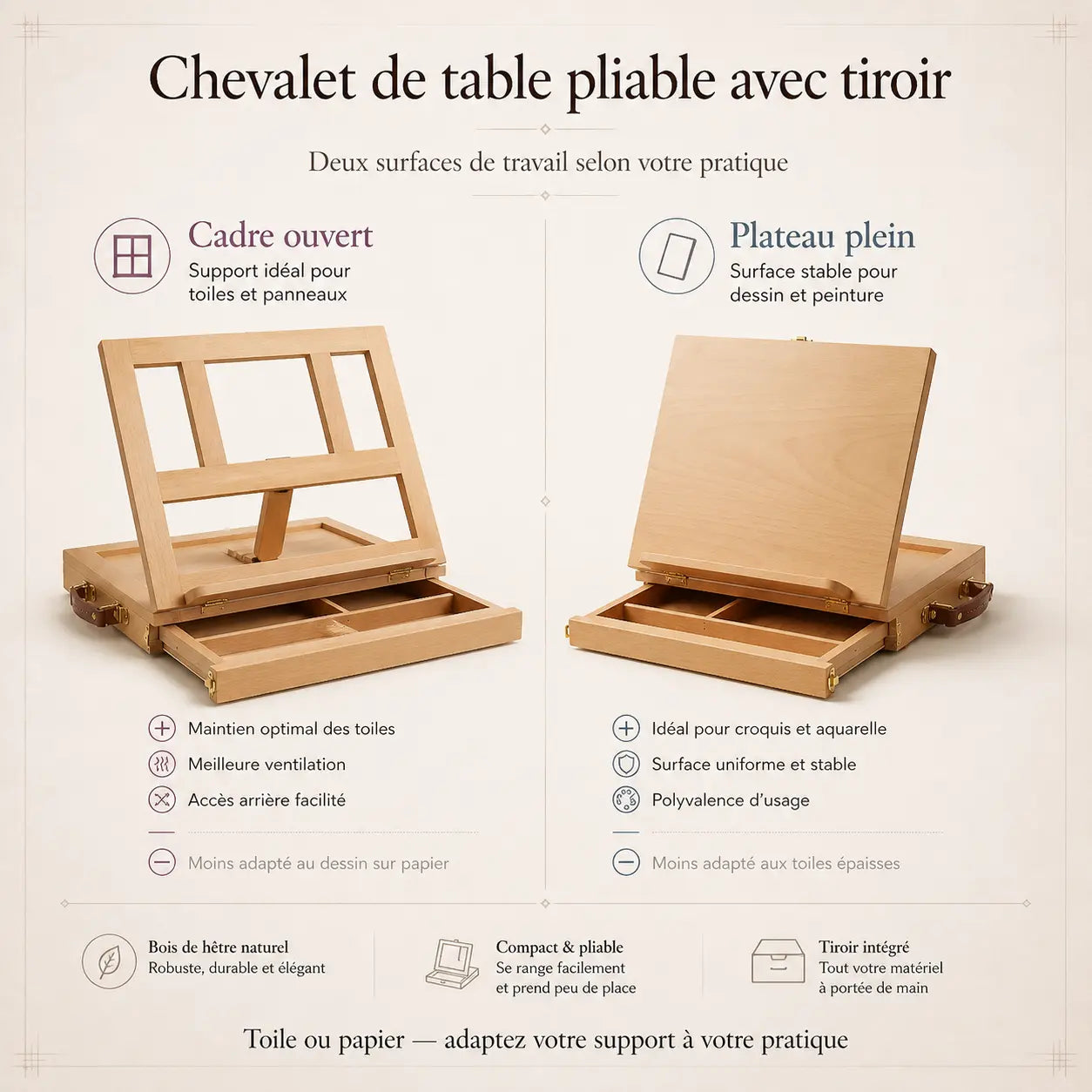Chevalet de table pliable avec tiroir 