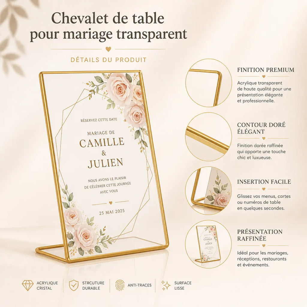 Chevalet de table pour mariage transparent 