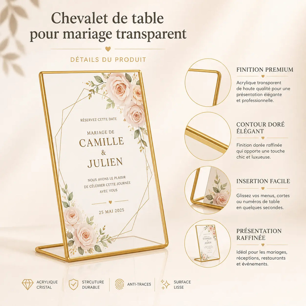 Chevalet de table pour mariage transparent 