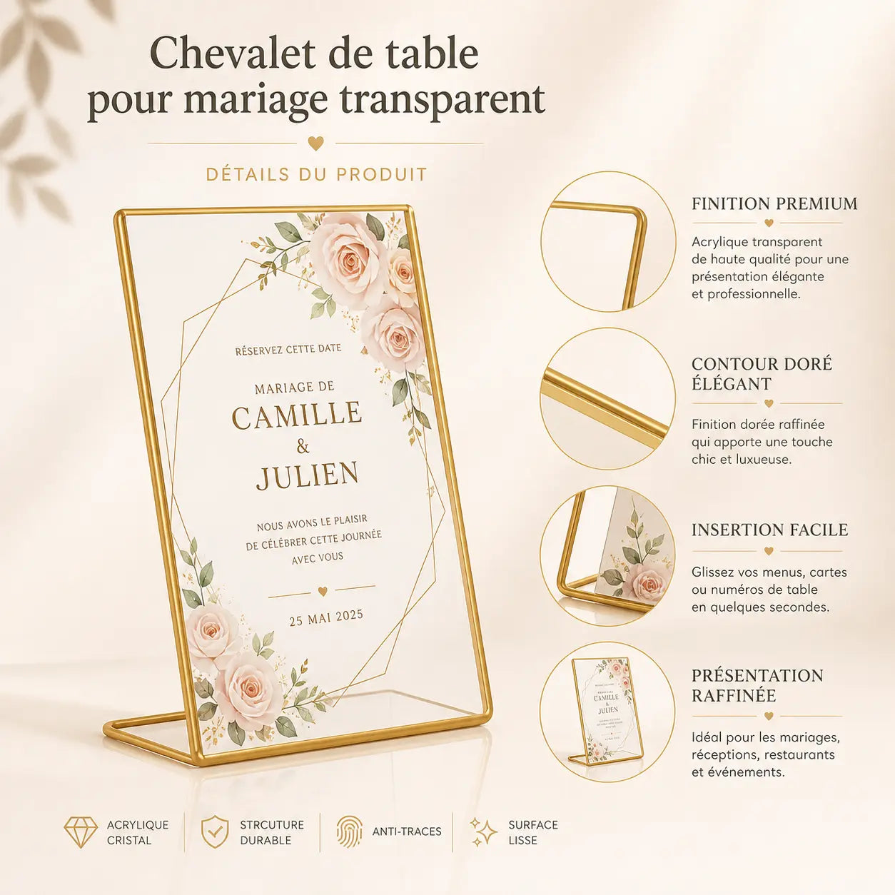 Chevalet de table pour mariage transparent 