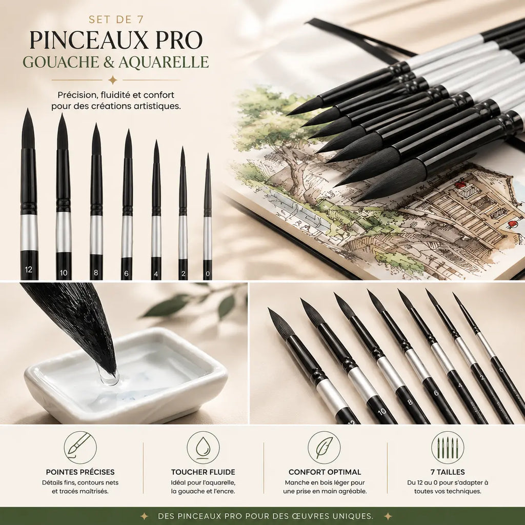 SET de 7 pinceaux pour gouache et aquarelle 