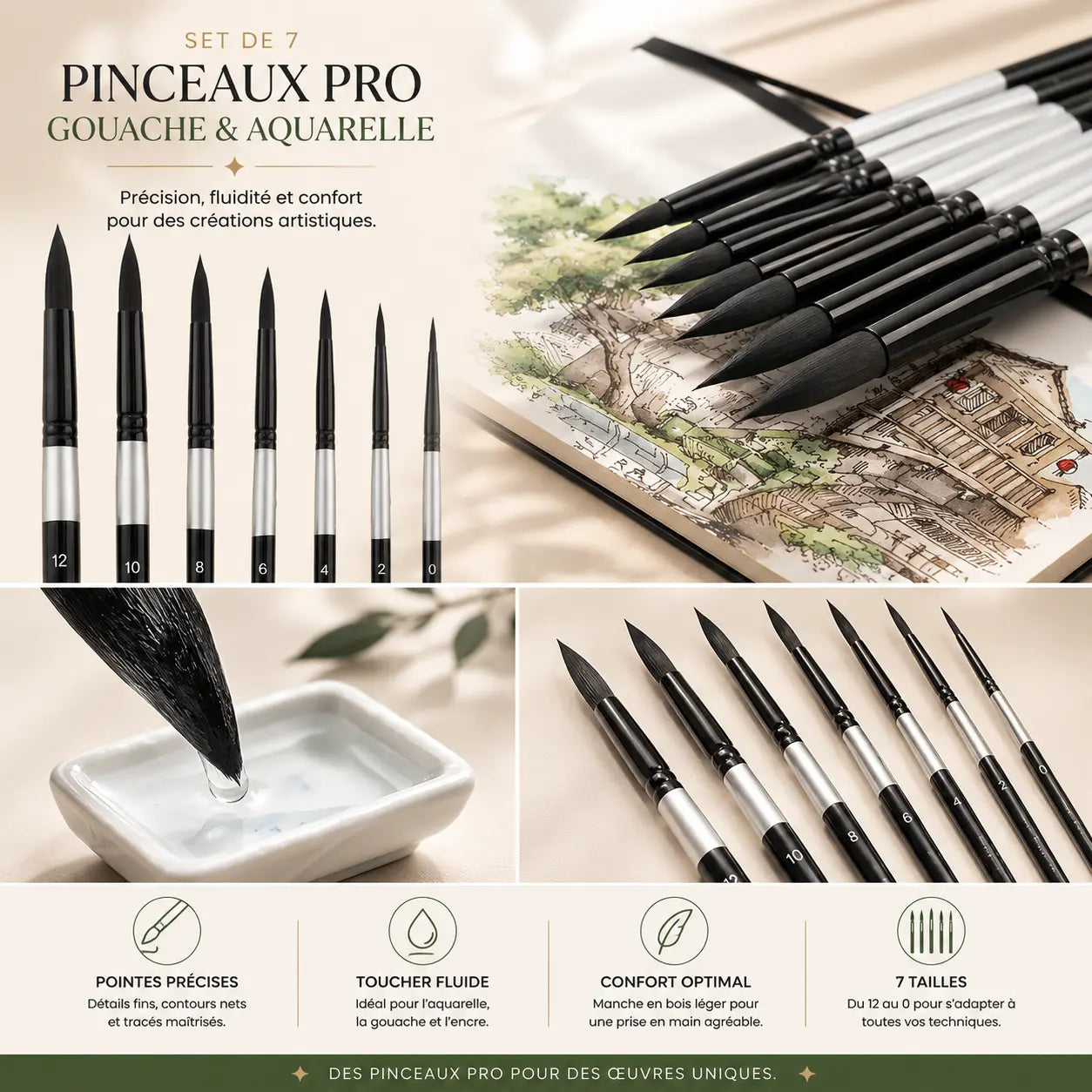 SET de 7 pinceaux pour gouache et aquarelle 