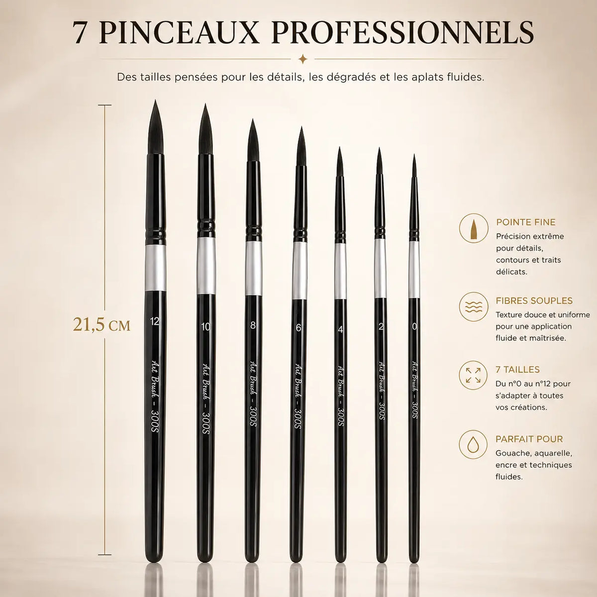 SET de 7 pinceaux pour gouache et aquarelle 
