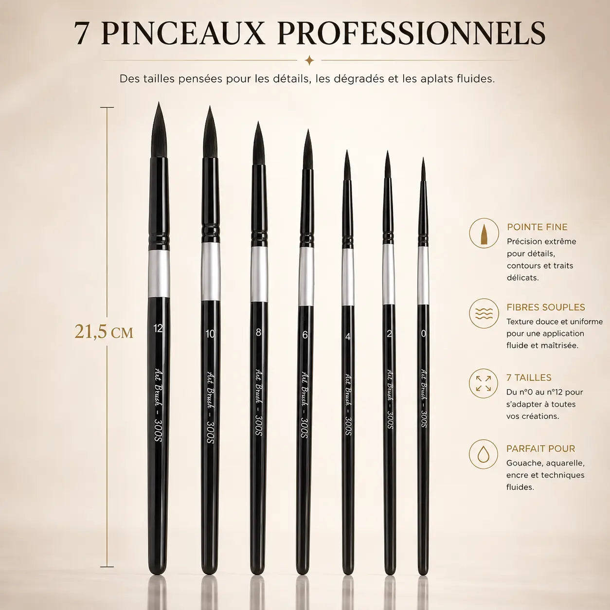 SET de 7 pinceaux pour gouache et aquarelle 