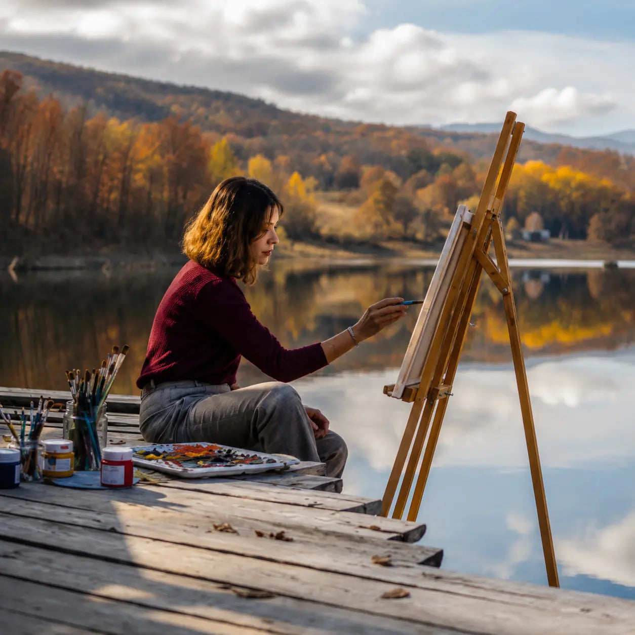 Artiste peignant en extérieur sur un chevalet en bois près d’un lac, dans une ambiance calme et inspirante.