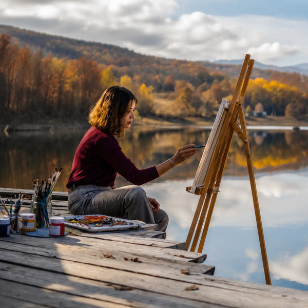 Artiste peignant en extérieur sur un chevalet en bois près d’un lac, dans une ambiance calme et inspirante.